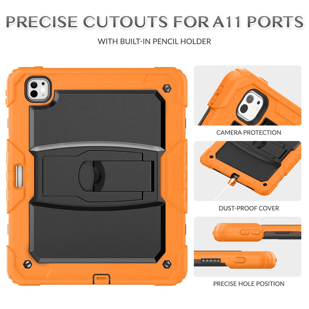 For iPad Pro 13 (2024) Kickstand Case PC+Silicone Tablet Cover with Pen Slot/Shoulder Strap