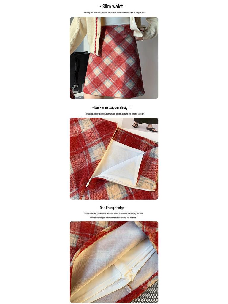 2024 High-Waist Plaid Woolen A-Line Skirt: Autumn/Winter College Style