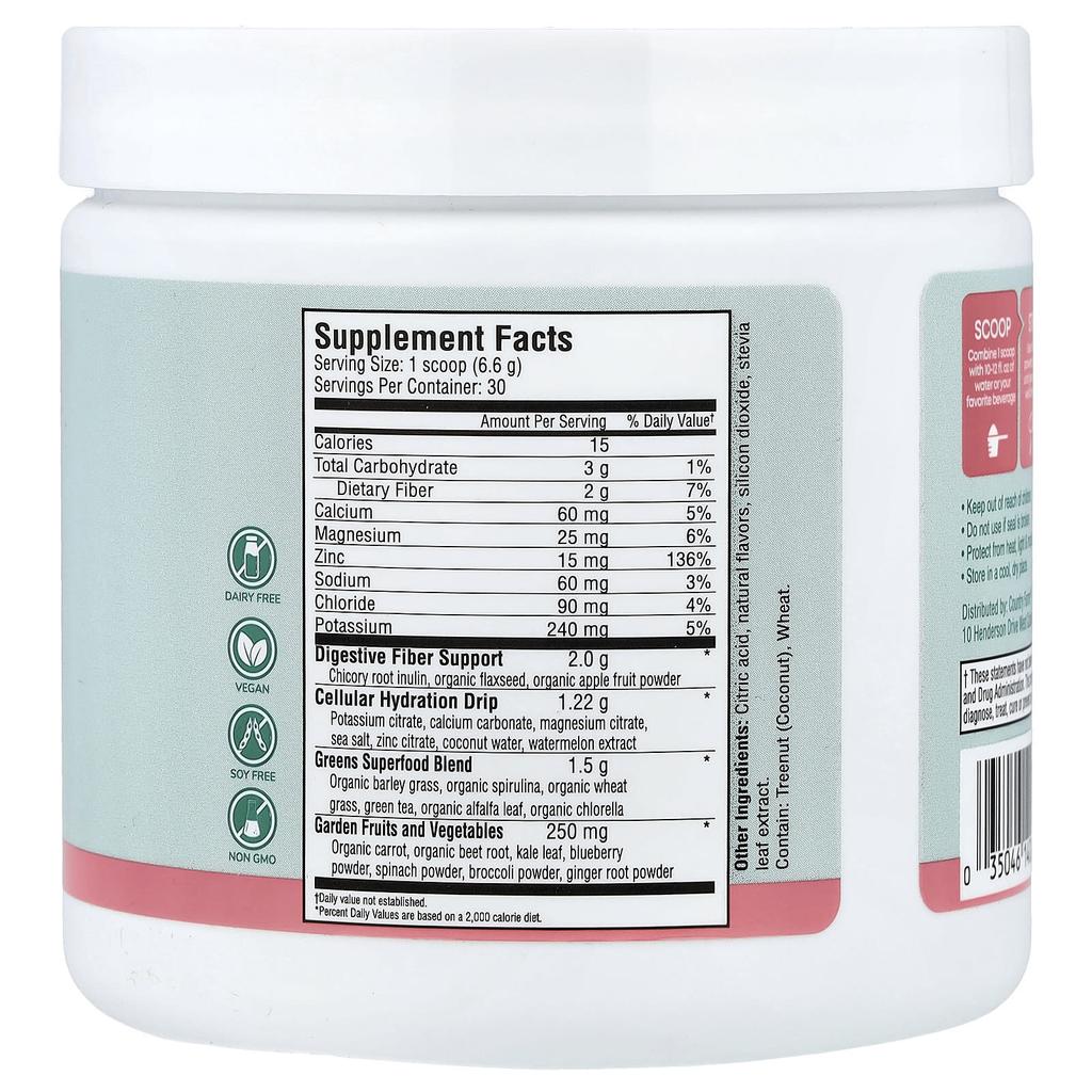 Country Farms Refreshers, Super Greens + Electrolytes, Watermelon, 6.98 Oz (198 G)