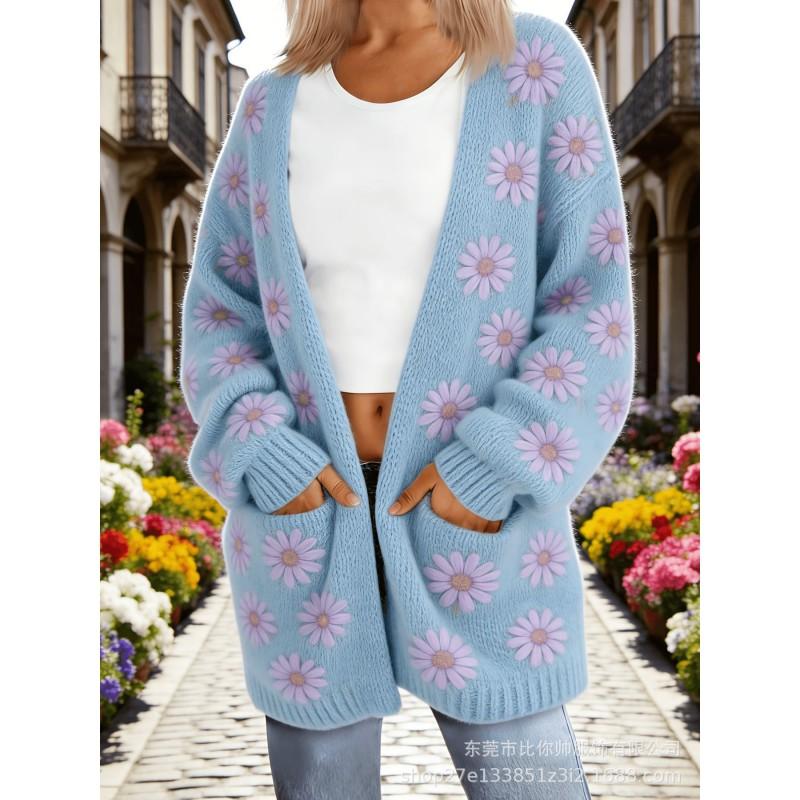 Womens Oversized Knit Cardigan With 3D Print Pocket Detail Loose Fit Long Sleeve Open Front Sweater