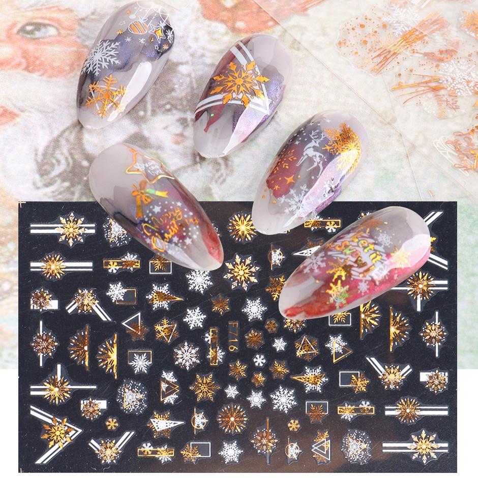 1 лист 3D Рождественская серия наклейки для ногтей наклейка дизайн ногтей украшения белый лазер золото красочные зимние снежинки лист сердце