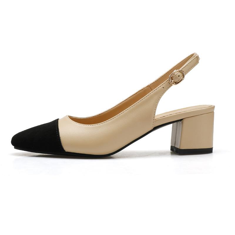 Мода Роскошь Абрикосовый/Черный Смешанный Цвет Сандалии Женские Слингбэк Ремешок на Щиколотке Туфли Дамские Средне-Высокие Каблуки Сандалии Офисное Платье Каблуки