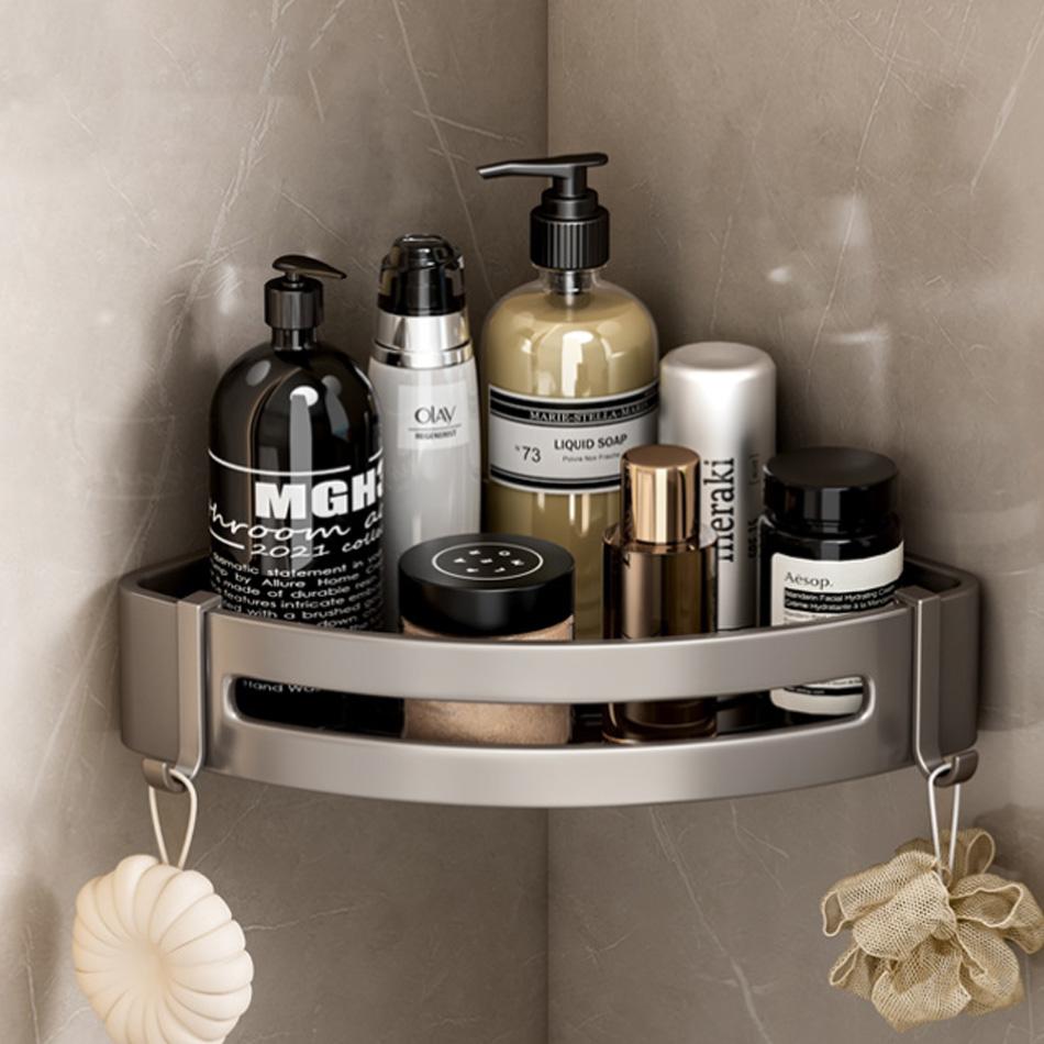 Прямоугольная полка для ванной комнаты, алюминиевая, серая, для туалета, кухни, для ванной, для хранения шампуня, мыла, треугольная полка с крючками, бесплатный гвоздь