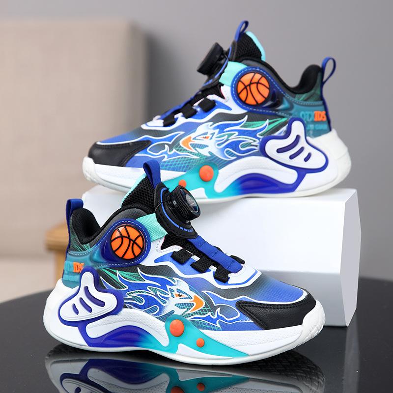 Boys shoes spring and summer children's sports shoes non-slip breathable mesh basketball shoes rotating button middle and older children's runni