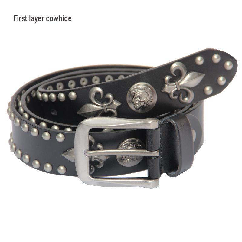Мужской панк-стиль, ремень из натуральной коровьей кожи с заклепками-черепами