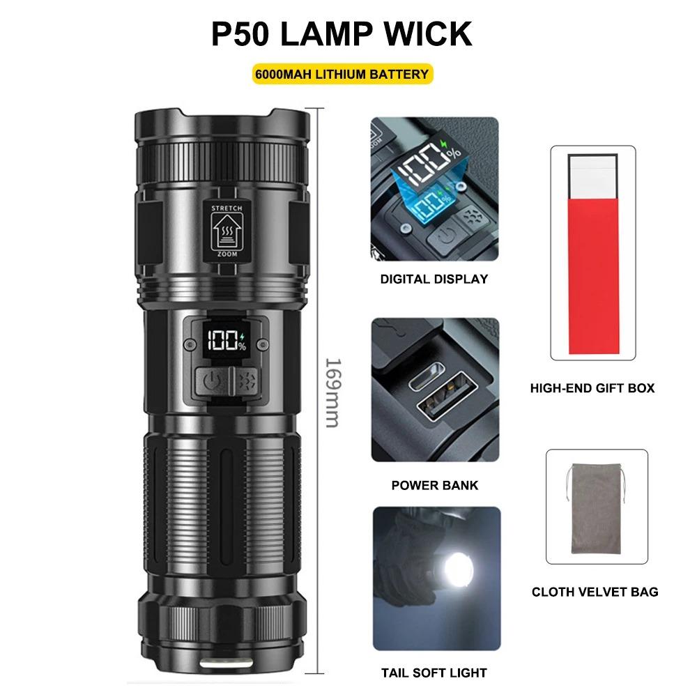 Super Bright LED Flashlight Rechargeable Type C 9000 mAh XPH90 COB Torch Light with Digital Display for Outdoor