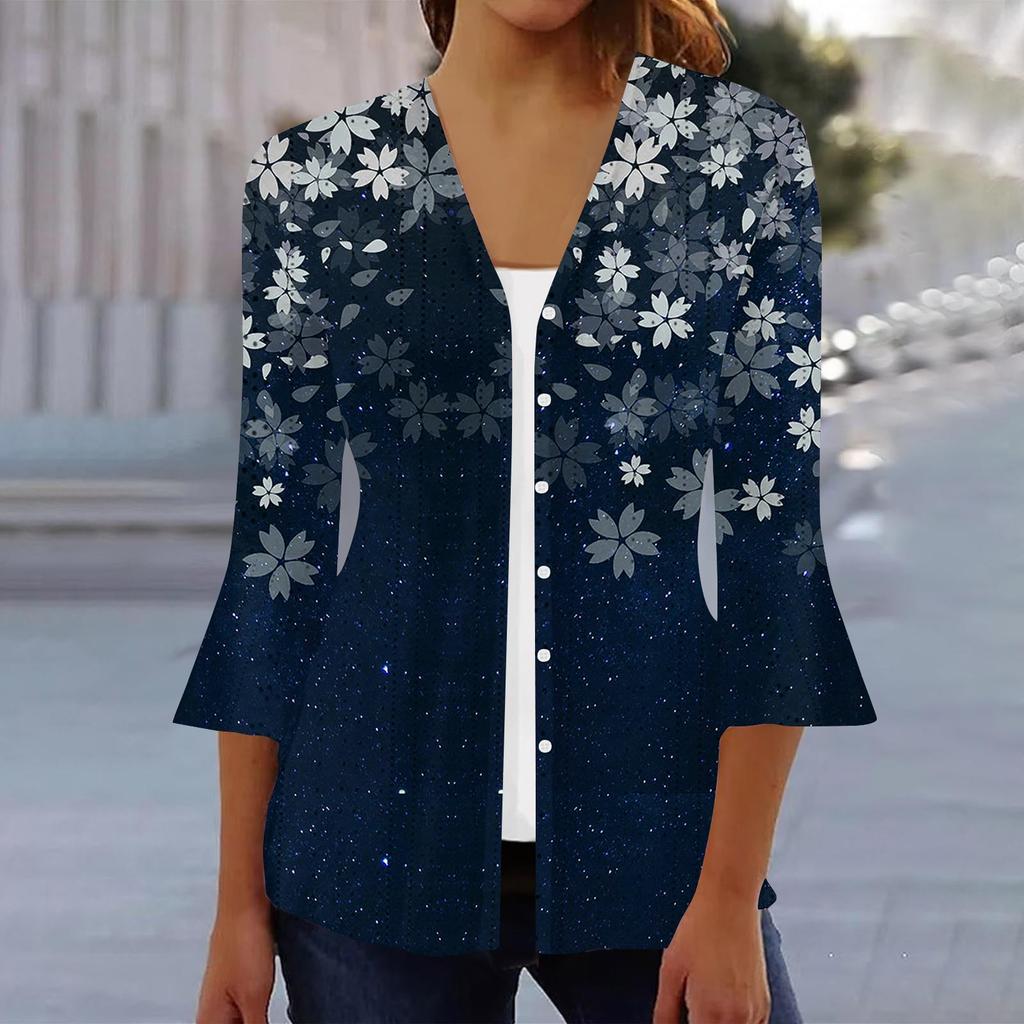 Women's Fashion Loose Casual Printed Three-quarter Sleeve Button Shirt Cardigan Top