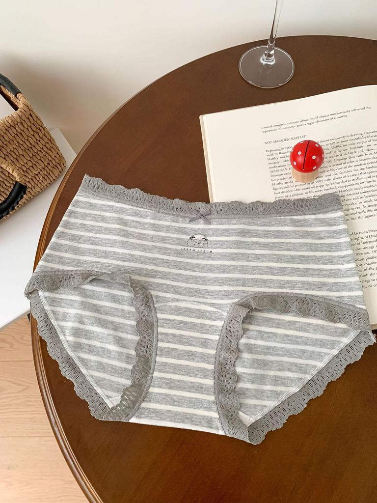 A053 Женские мягкие серые и белые полосатые трусы-треугольники - Гипоаллергенные, облегающие бедра, из чистого хлопка, антибактериальные. Стиль для подростков, Коллекция 2025.