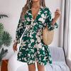 QICED Autumn and Winter Casual Flower Long-sleeved Black Ear-trimmed A-line Dress Women's Clothing