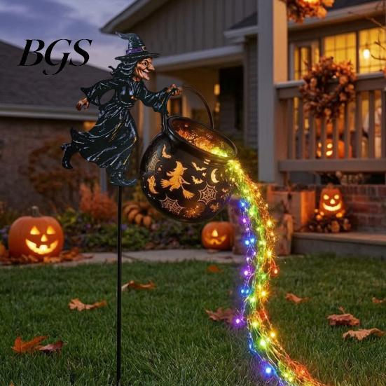 Front Yard Holiday Accessories Halloween Witch Cauldron Garden Light, Metal Stake with LED String Glowing for Lights, Waterproof Pot Statue