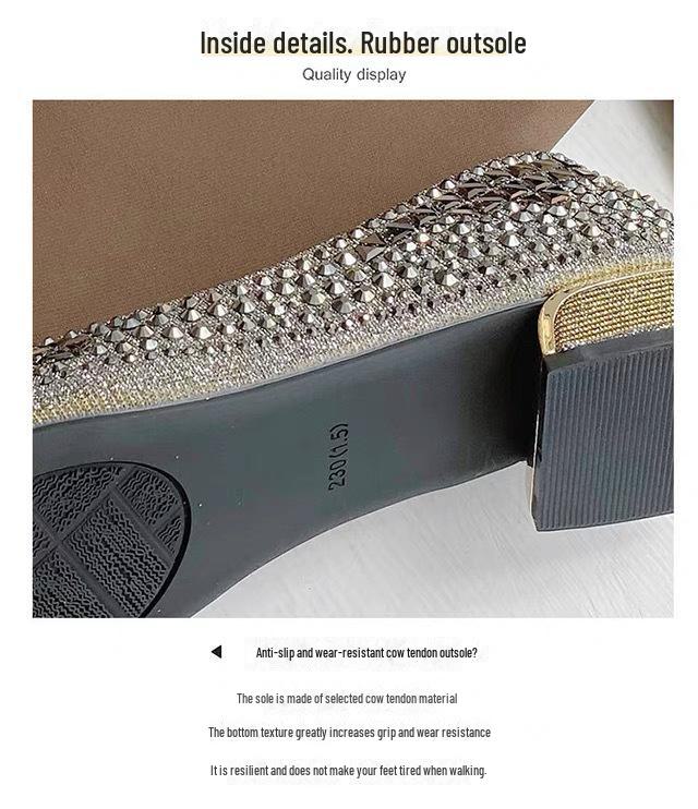 Женские туфли 2024 года с острым носком и толстым каблуком, украшенные бриллиантами, на весну и осень — мягкие свадебные туфли, универсальный стиль «Сказка», большие размеры