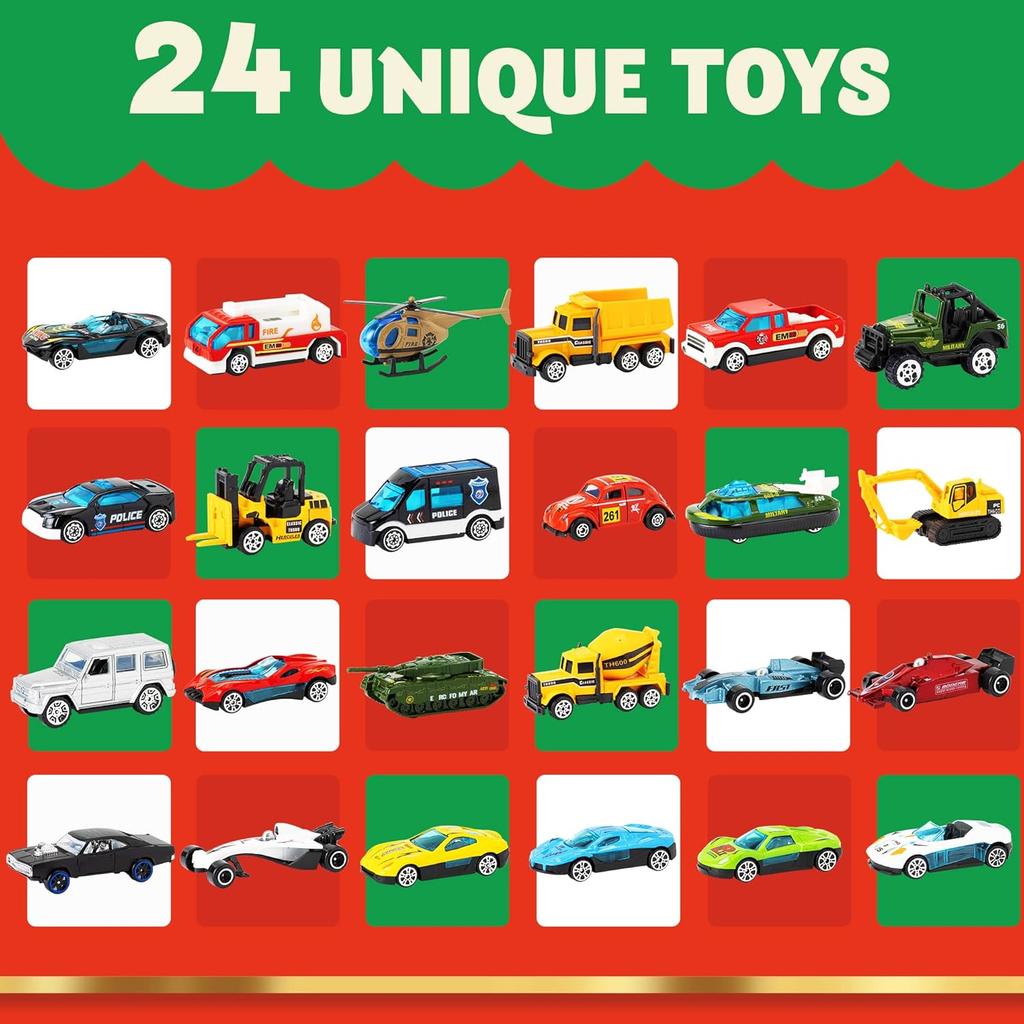 JOYFY 2025 Christmas Advent Calendar 24 Days Countdown Calendar Diecast Cars Set Christmas Vehicles Toys for Boys Kids Xmas Gift