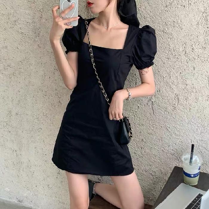 Летнее платье 2025 года с французским квадратным вырезом и рукавами-фонариками для женщин - элегантный стиль, утягивающий талию