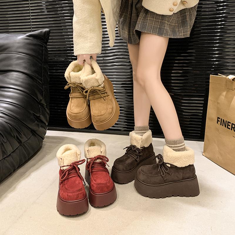 Ботинки женские на меховой платформе, теплые, замшевые, на шнуровке, женские, тренд 2025 года, зимняя хлопковая обувь для мотоциклистов, Botas De Mujer