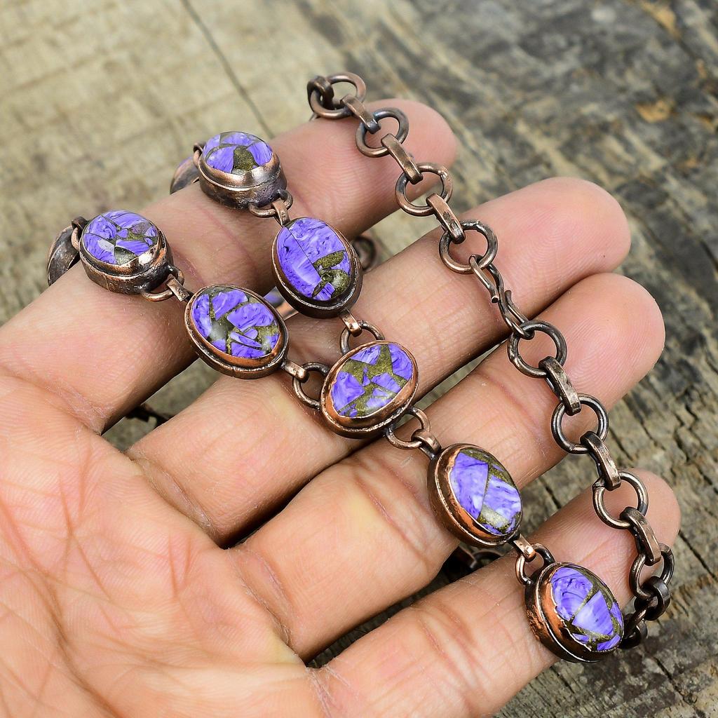 Медное колье с чароитом, колье из электроформированной меди, колье с регулируемой цепочкой, украшения с драгоценными камнями, ручная работа, колье с камнем рождения, подарки для нее