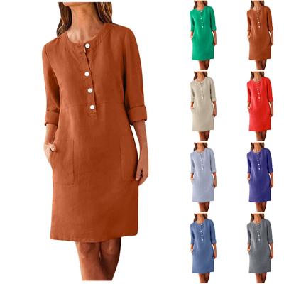 Женское большое свободное однотонное хлопковое льняное платье с круглым вырезом и короткими рукавами с карманами и пуговицами