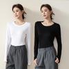 Women's Round Neck Ribbed Ice Silk Base Layer T-Shirt for Autumn/Winter - Slim Fit, Solid Color, Ideal for Yoga & Dance