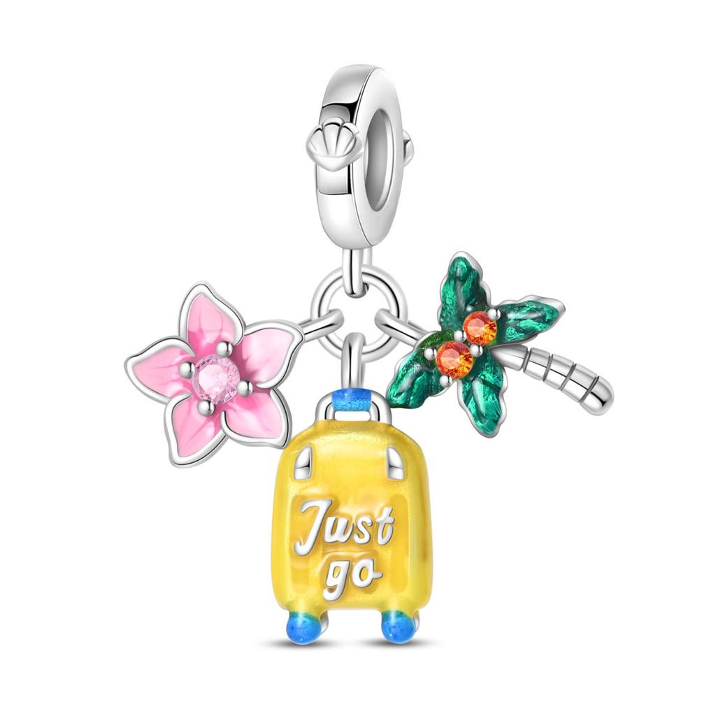 S925 Silver Travel Vacation Airplane Luggage Tag Pendant DIY  Beaded Charm Accessory