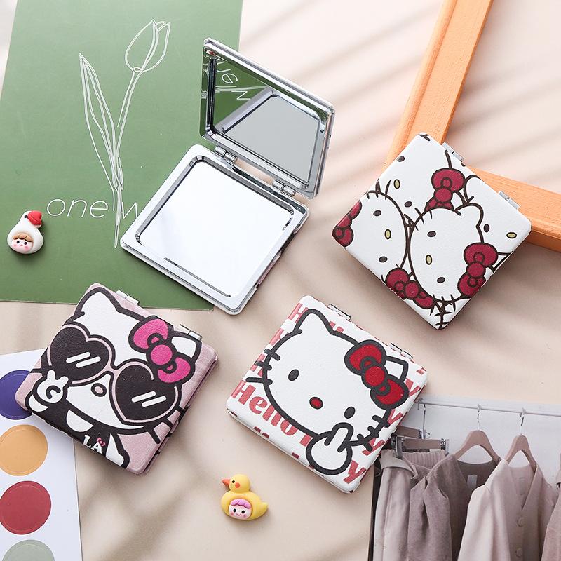 Серия Sanrio Hello Kitty Каваи Мультяшный Аниме Рамка Искусственная Кожа Девичье Сердце Мини Складное Мини Двустороннее Зеркало Подарок на Праздник