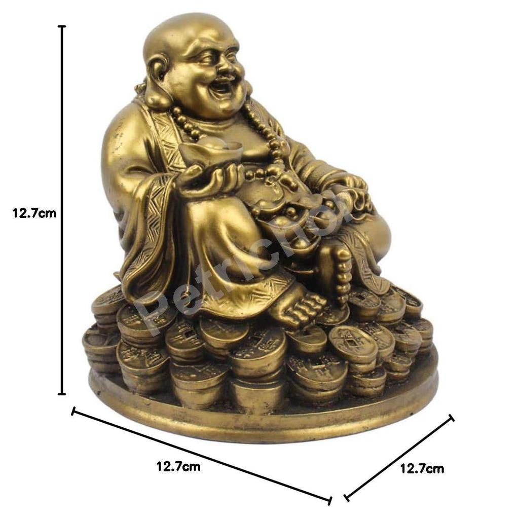 Resin Fengshui Figurine Laughing Buddha Sitting On Luck Money Coins Carrying Golden Ingot for Good Luck & Happiness