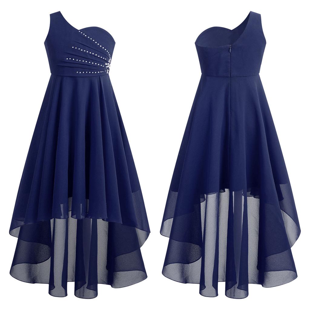 Детское праздничное платье с блестящими стразами для девочек и бисером, без рукавов на одно плечо, шифоновое платье для подружки невесты на свадьбу, вечернее платье для выпускного вечера