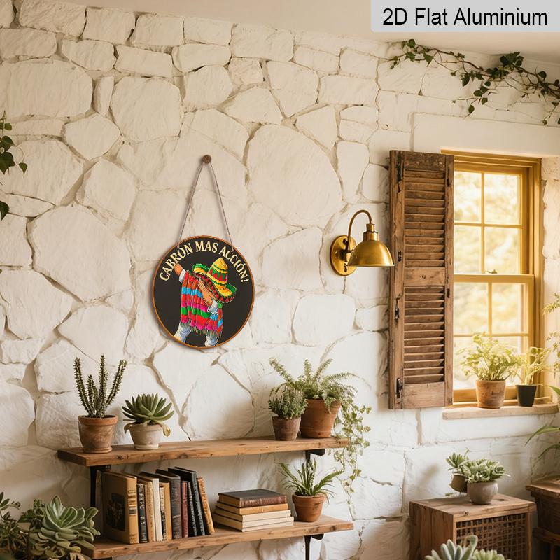 2D Flat, 1pc 7.87-Inch Round French & Mexican-Themed Aluminum Wall Plaque - Spanish/Latin Culture Decor Sign with Mariachi-Inspired Patterns, Mexican