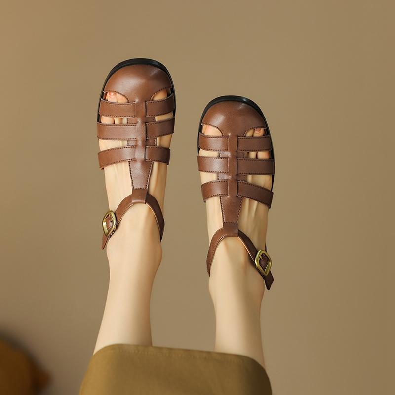 Модные женские новые весенне-летние туфли с круглым носком из кожи, удобные на низком каблуке, с закрытым носком, настраиваемый большой каблук, римские сандалии 46 47 48