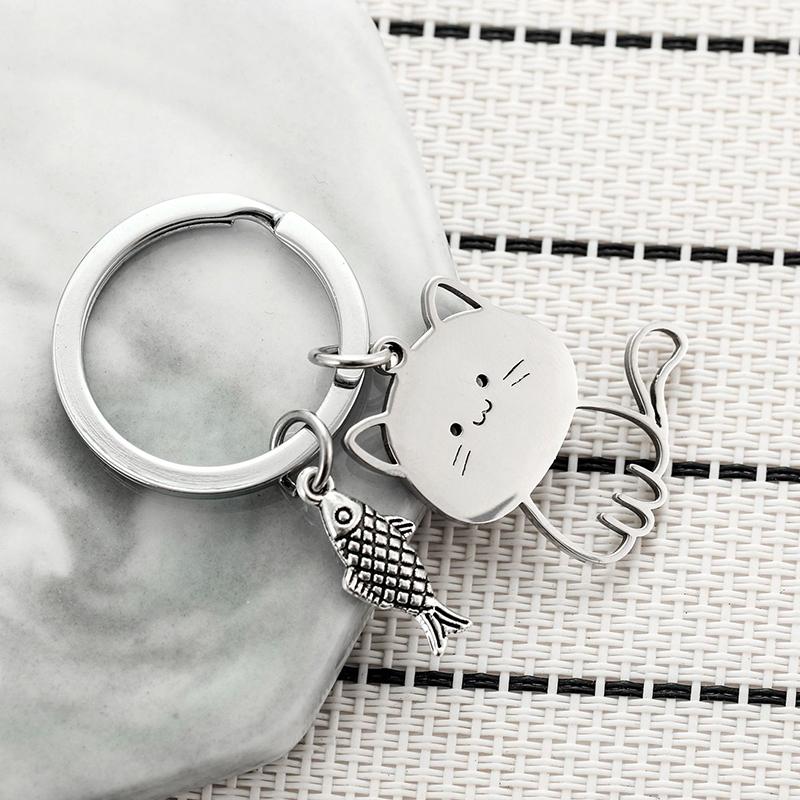 Funny Cartoon Cat Fish Keychain Couple Lovers Stainless Steel Keyring Lovely Pendant Key Chain Valentine'S Day Gift Jewelry