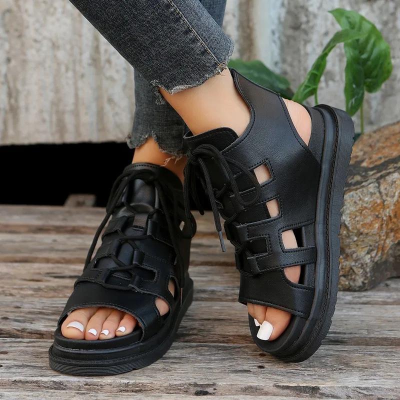 5.5cm Cowhide Ankle Roman Sandals Women Summer New Style Ladies Fashion Thick Sole Retro Cool Boots Flat Wedges Student Sandals