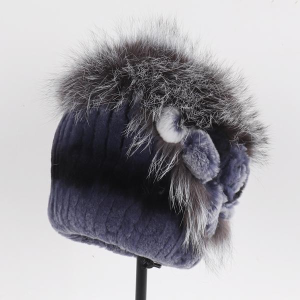 Luxury Warm Real Fox Fur Bomber Hat Female Winter Hand Knitted Real Rex Rabbit Fur Hats Women Outdoor Rex Rabbit Fur Flower Cap