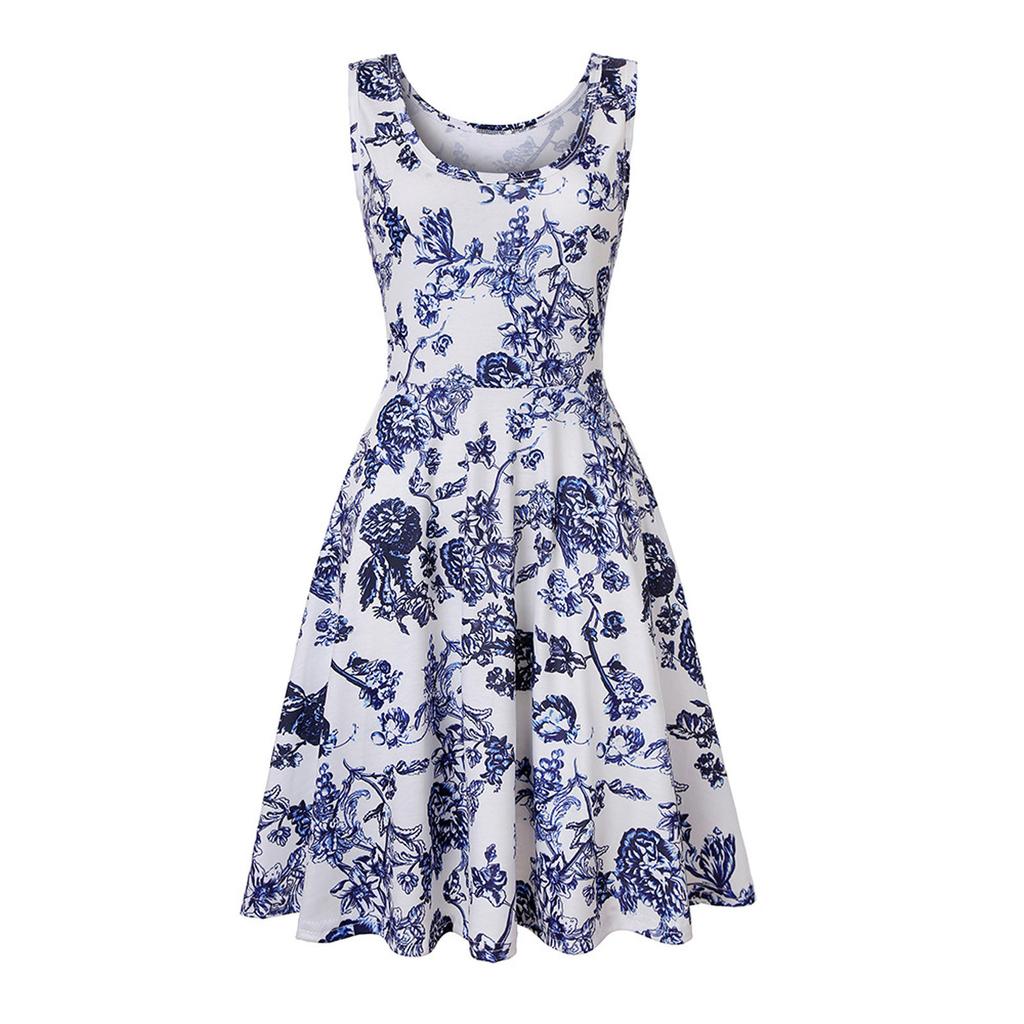 Женские повседневные платья-майки без рукавов с круглым вырезом, летнее платье с принтом для пляжа