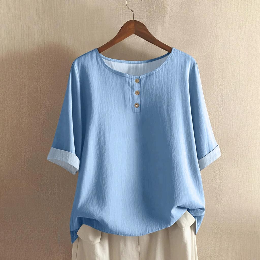 Women's Fashionable And Casual Shirt Half-sleeve Round Neck Solid-color Cotton And Linen Blouse Top
