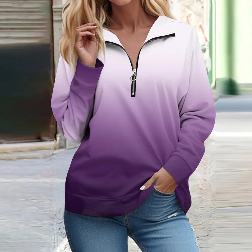 Рубашки на молнии с длинным рукавом для женщин Градиентная печать Графические футболки Блузки Повседневные топы Пуловер