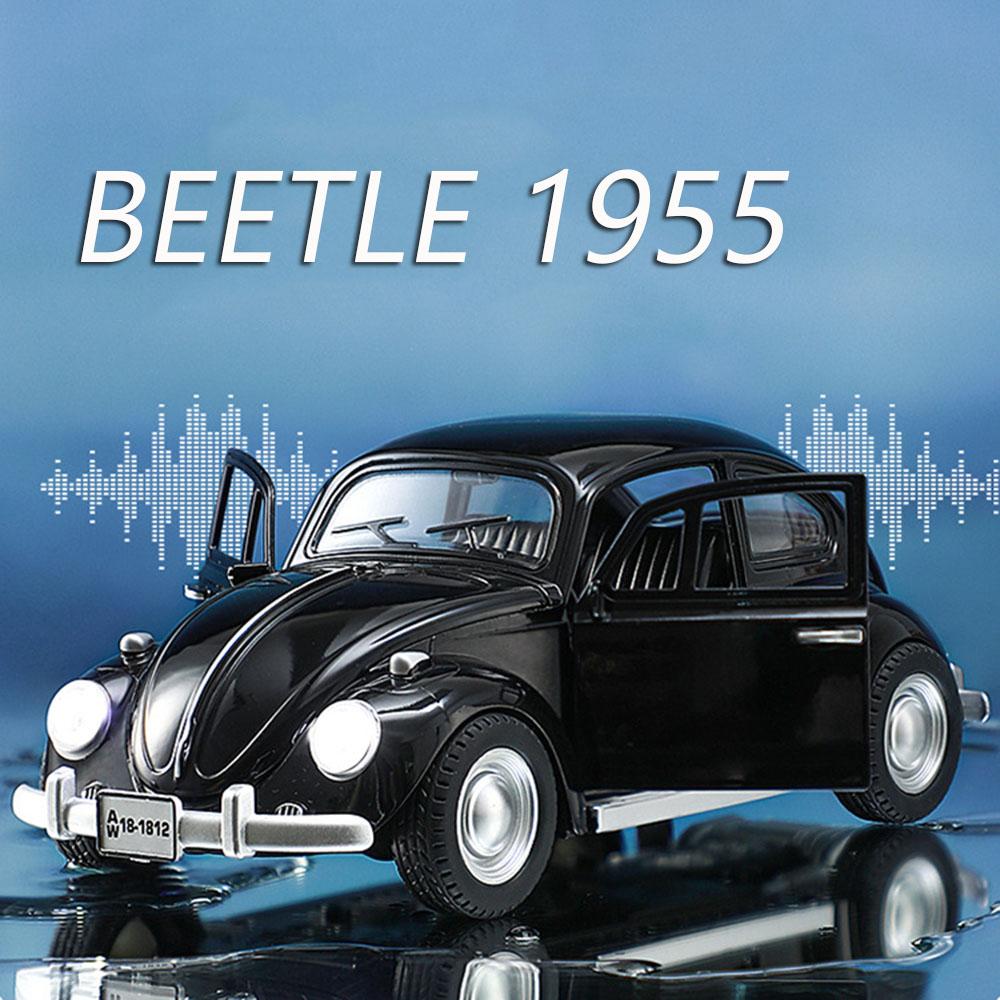 1:18 Alloy Beetle 1955 Cars Diecast Toys Miniature Models 4 Doors Opened Wheel Pull Back Metal Vehicles for Boys Birthday Gifts