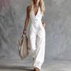 2026 Linen Blend Sleeveless V-Neck Jumpsuit High Waist Straight Leg Romper Women Casual Streetwear