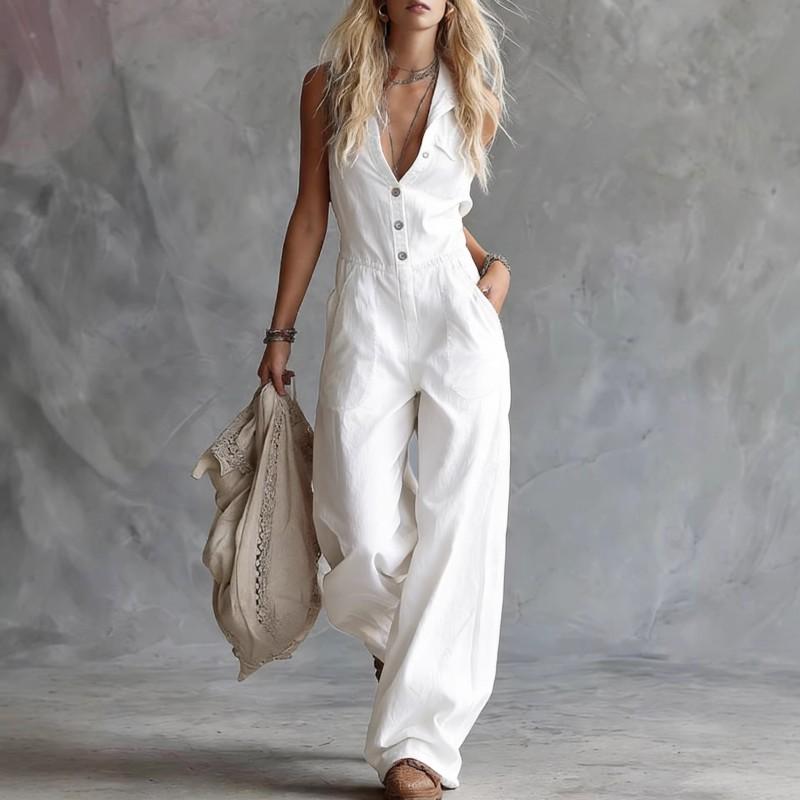 2026 Linen Blend Sleeveless V-Neck Jumpsuit High Waist Straight Leg Romper Women Casual Streetwear