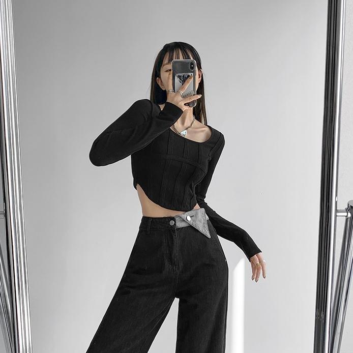 Y2k T-shirt Girls Crop Tops Spring Women Long Sleeve O Neck Cotton Shirts Bustier Harajuku Pullover Streetwear All-match T-shirt