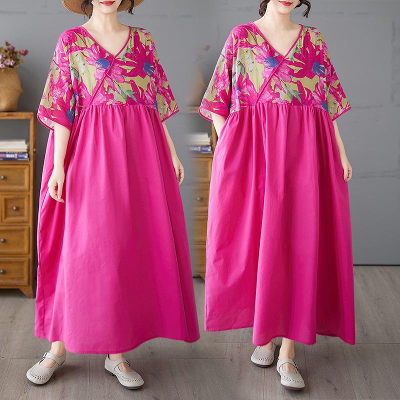 DIMANAF 2025 Летнее женское базовое платье большого размера Винтажный цветочный принт Повседневное свободное с V-образным вырезом Длинное платье макси
