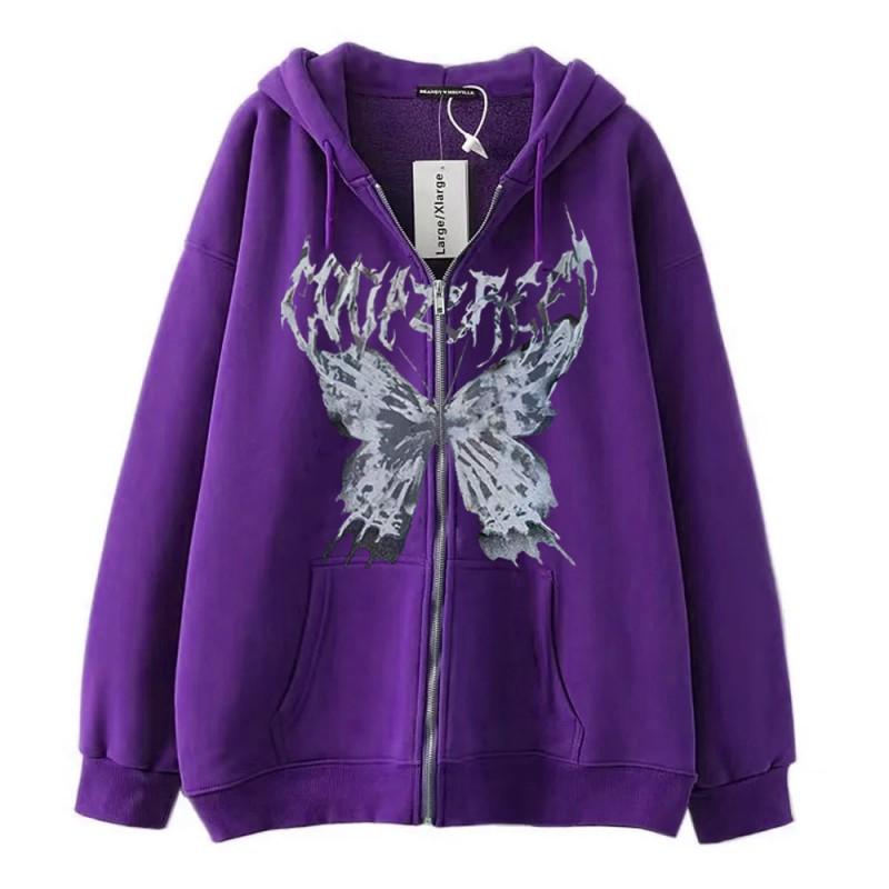 Mens Hooded Zip-Up Sweatshirt With Butterfly Print Gothic Style Loose Fit Winter Casual Wear