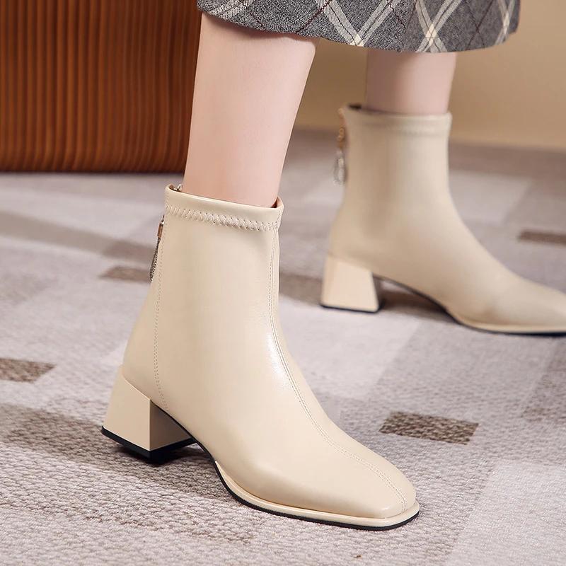 Classic Winter Autumn Ankle Boots Women's Fashion Thick Heel Square Toe Boots Casual Low Heel Sexy Retro Winter Boots