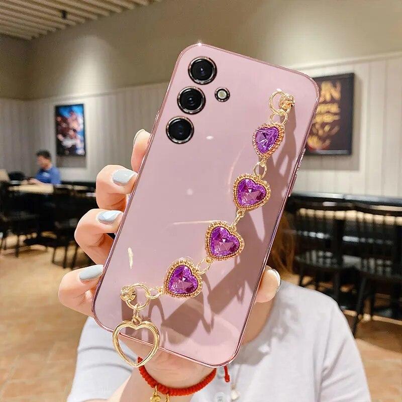 Чехол с браслетом Diamond Love для Samsung S24Ultra S23 S22 A34, мягкий противоударный чехол с цепочкой на запястье для Galaxy A14 A15 A54 A05s A03 A04s A04e M54 M14, чехол