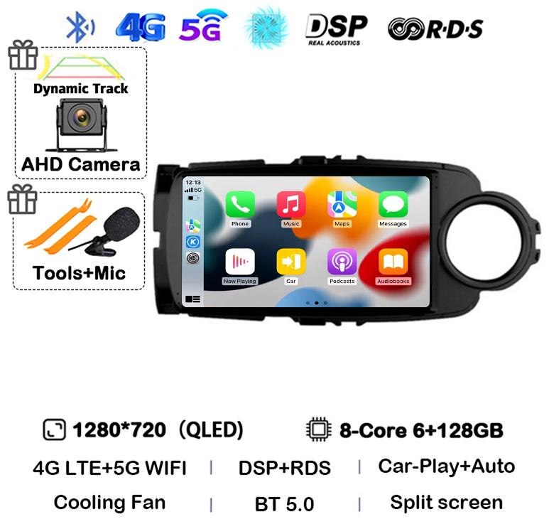 Android14 Carplay Auto For Toyota Yaris 2012 2013 2014 2015 2016 2017 Multimedia Car Radio Player WIFI+4G SIM Stereo DSP GPS RHD