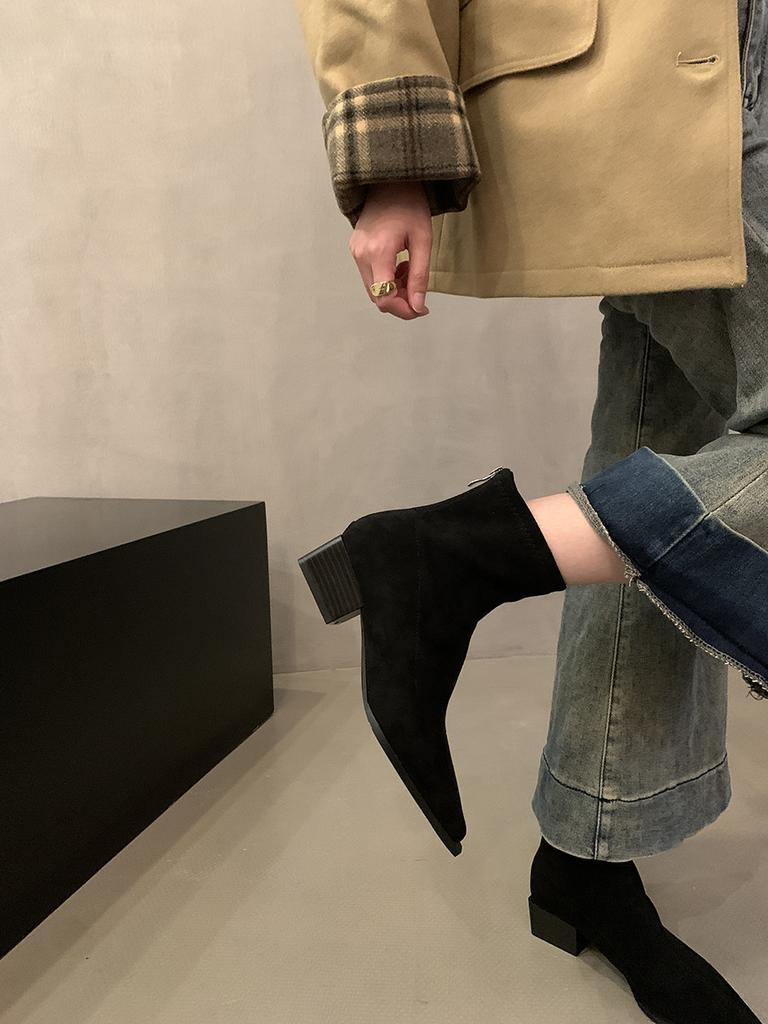 Coarse Heel Pointed Leopard Print Thin Short Boots Women's Shoes 2024 New Autumn and Winter Martin Boots Suede French Small Ankle Boots