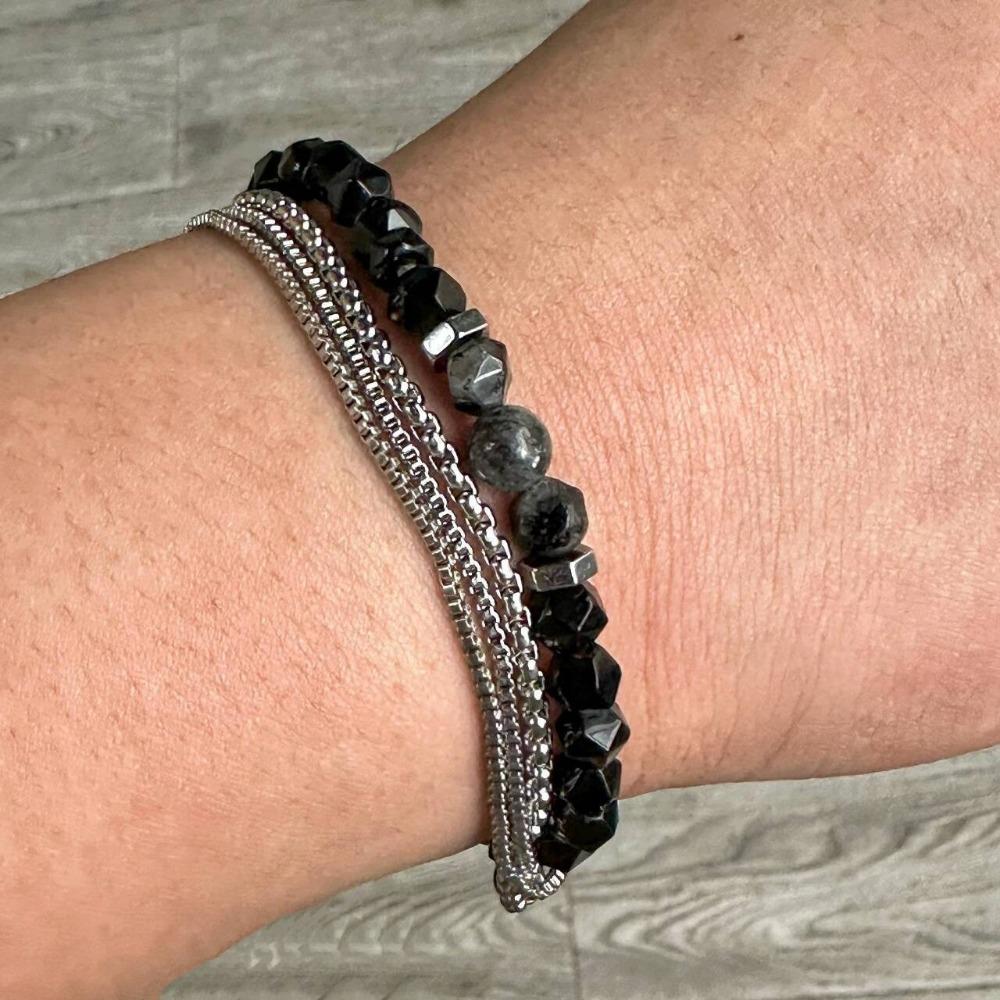 Vacation Style Stacked Bracelet Retro Men's Beaded African Pine Black Agate Woven Elastic Bracelet Women