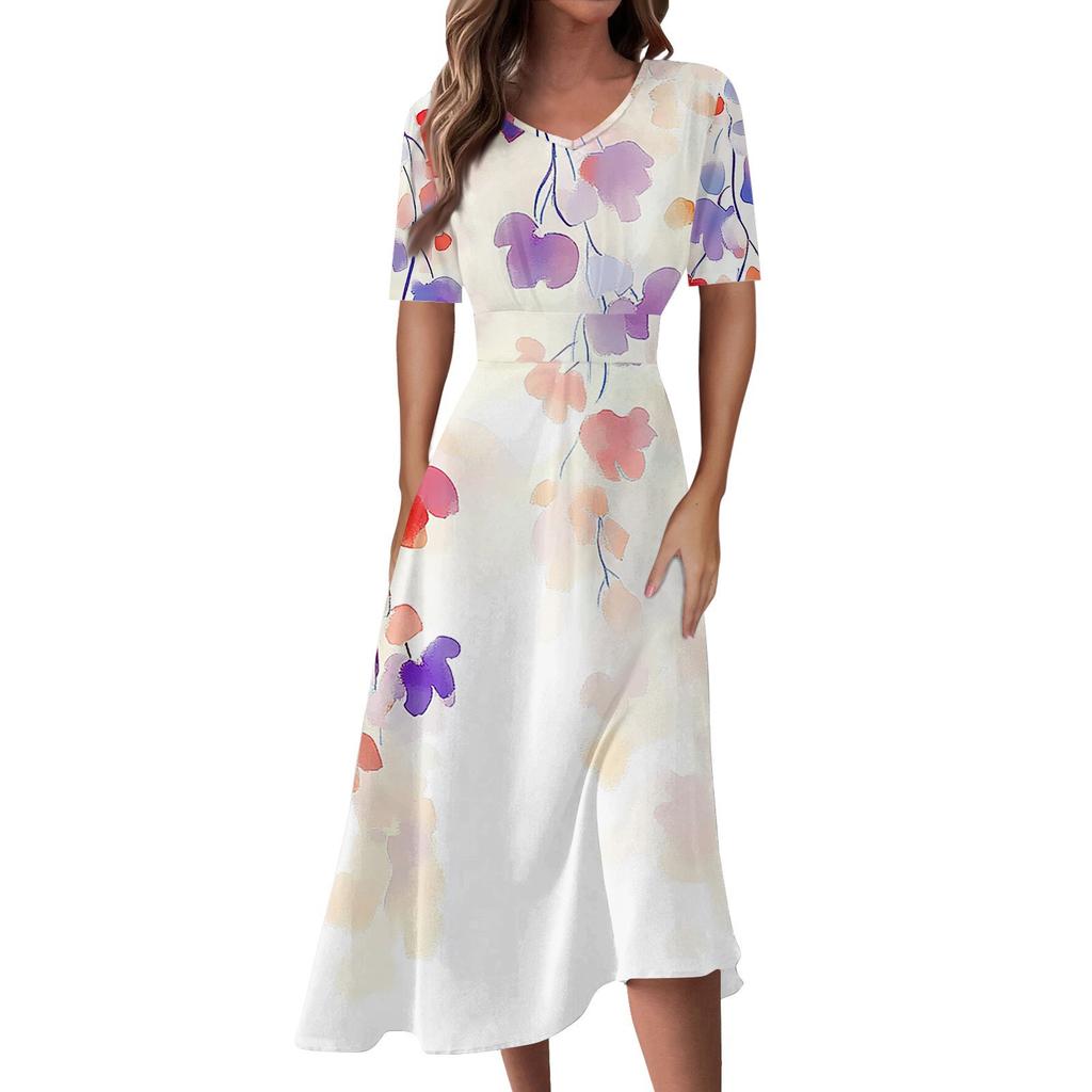 Женская повседневная мода Цветочный (лист) Платье-халат с принтом, V-образным вырезом, короткими рукавами и длинной юбкой-халат