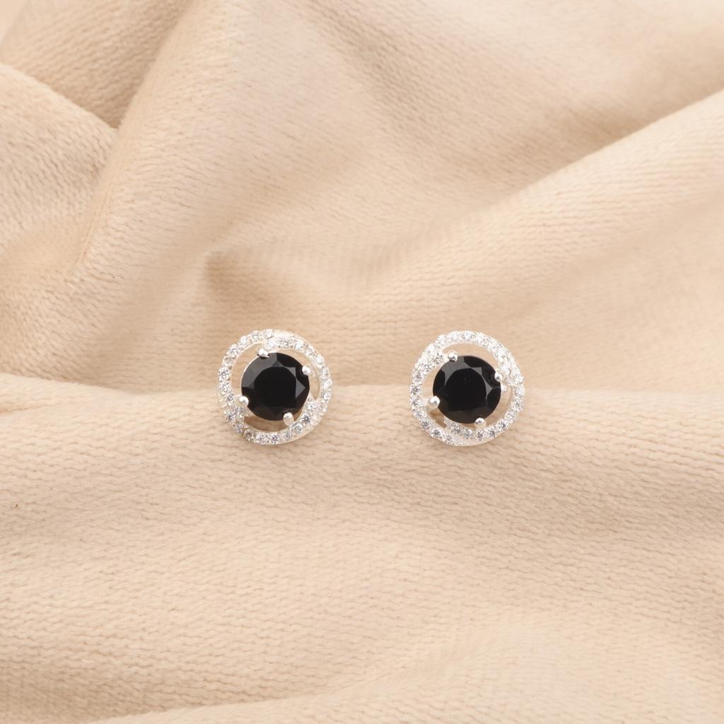 Black Onyx Gemstone 925 Sterling Silver Zircon Stud Earrings0.41" Women Jewelry CZE-8-13