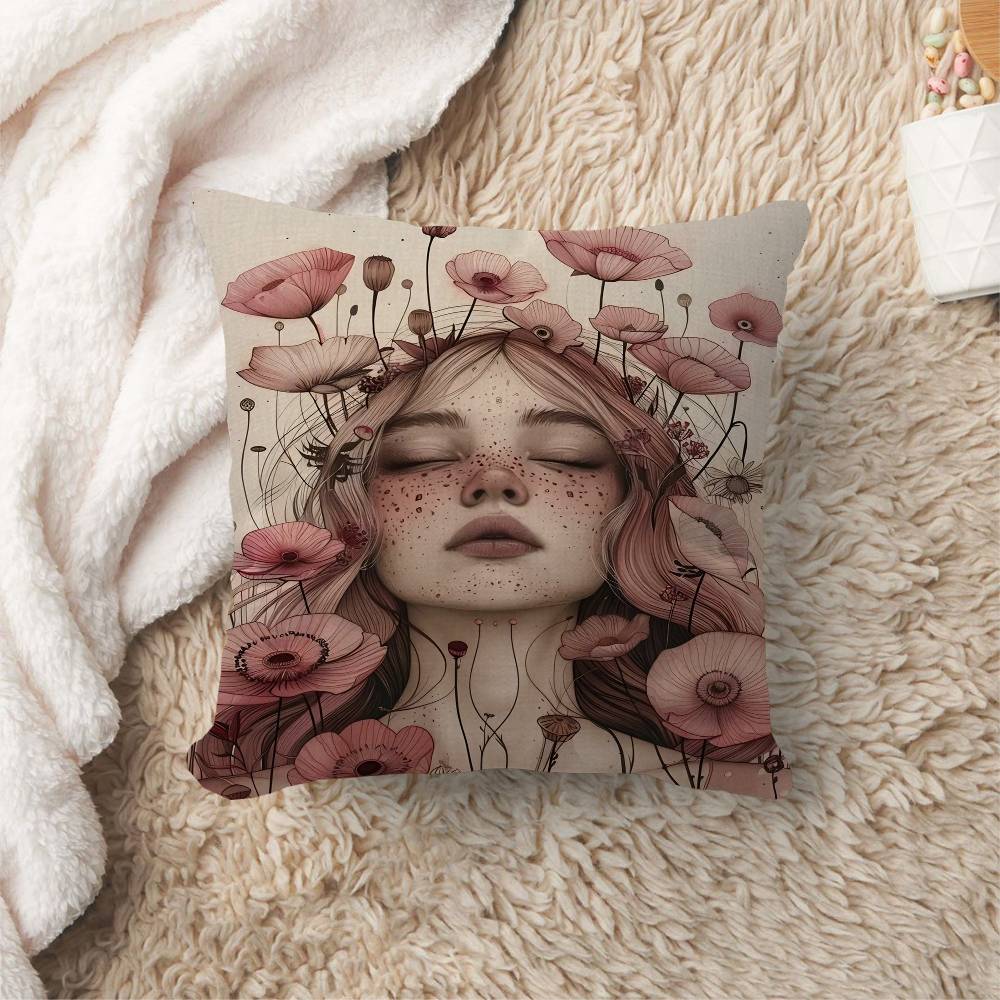 Abstract Flowers Girl Pillow Cushion Cover Pillowcase Living Room Sofa Home Decor Customized