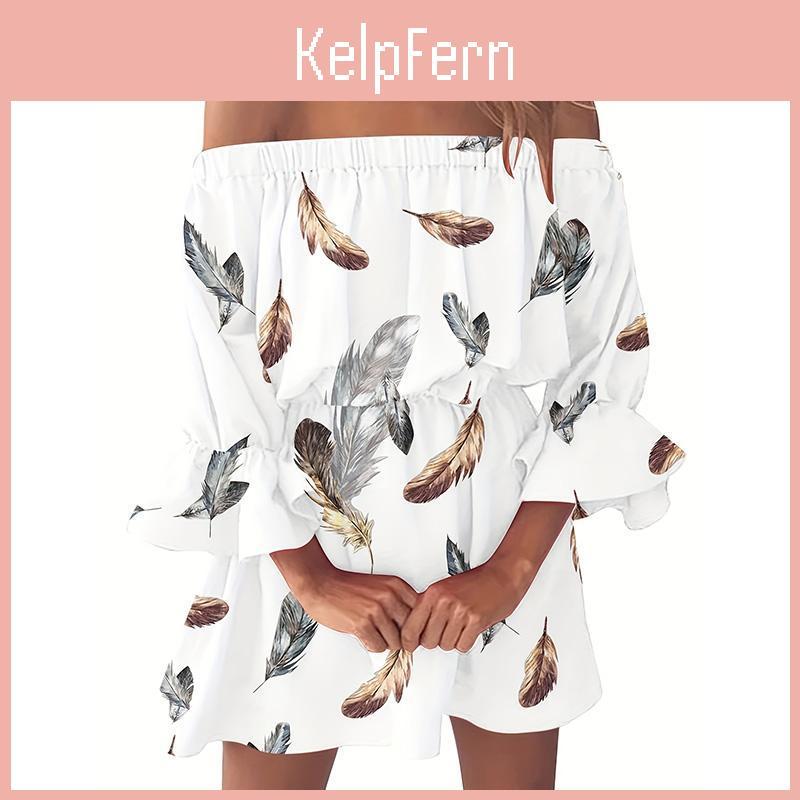 Sexy Shoulder Summer Women Flat Feather Printed One Piece Dress