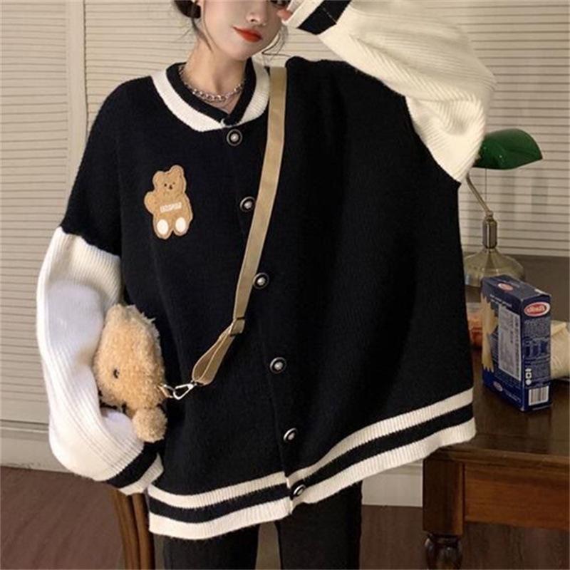 Kawaii Bear Кардиган Свитер Топ Женский Свободный вязаный свитер Пальто Корейская мода Harajuku Уличная одежда Джемпер Вязаный кардиган Куртка
