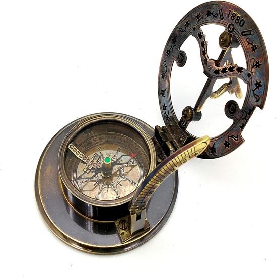 6.5cm Brass Handmade Brass Sundial Compass Beautiful Gift Item with Leather Box